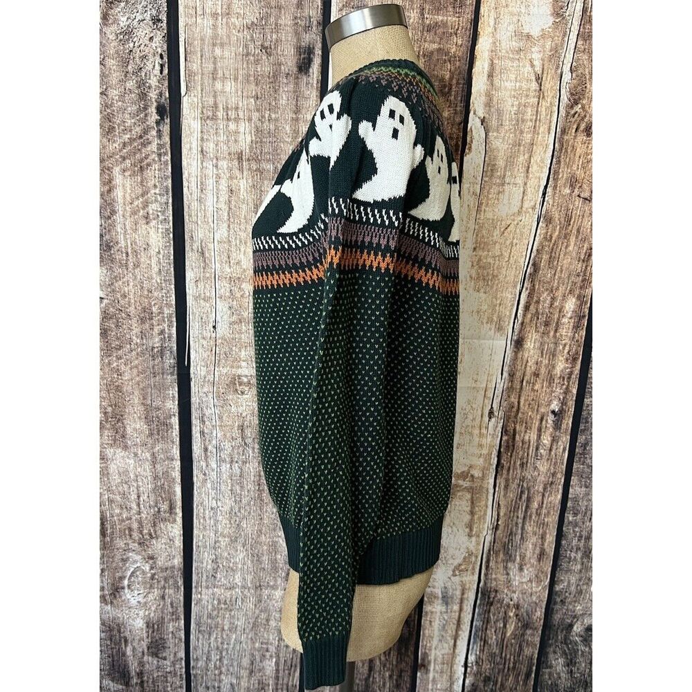 ModCloth You’ve Been Ghosted Green Ghost Fair Isle Crew Halloween Sweater Large - Picture 4 of 7